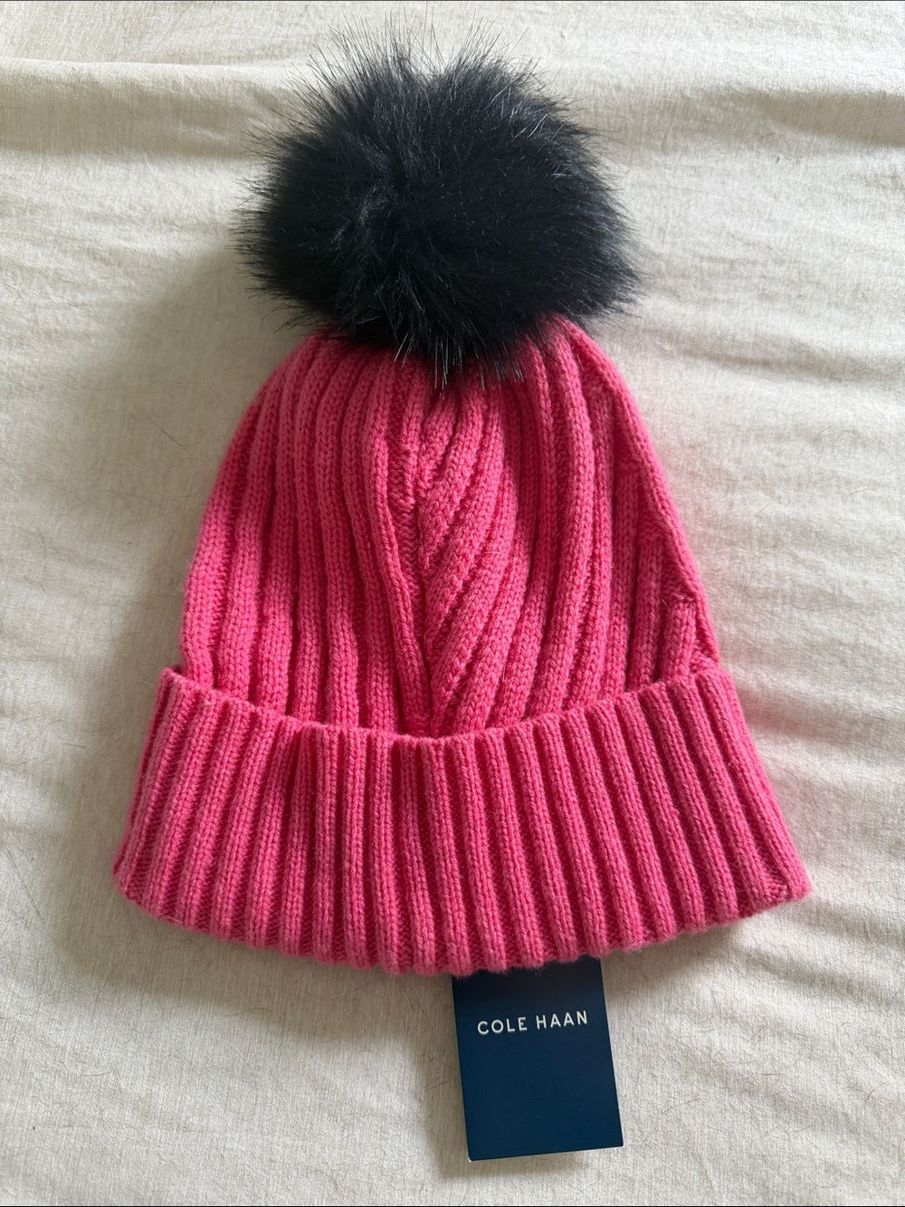 BNWT Cole Haan Pink Ribbed Beanie with Black Pom
